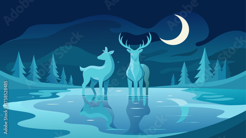 Two deers in a lake under the moonlight