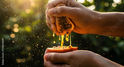 Squeezing a passion fruit, dripping juice, sunny organic refreshment