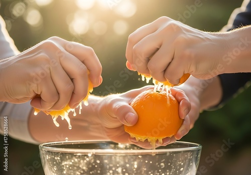 Squeezing oranges for fresh juice under the sun's glow in a glass bowl to prepare a tasty vitamin drink naturally and