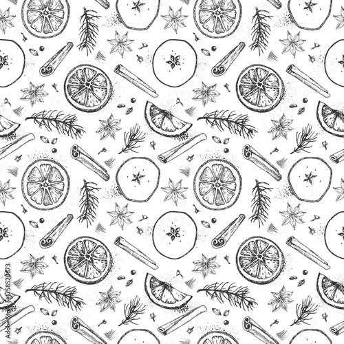 mulled wiSeamless Christmas hand-drawn vector pattern with mulled wine ingredients: cinnamon, anise, dried apple and orange, cloves, cardamom and fir branches. 