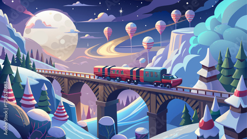 Train crossing bridge in winter landscape