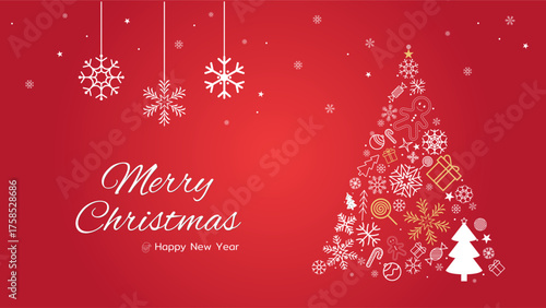 Beautiful red Christmas background featuring a decorative tree made of icons and snowflakes, perfect for holiday greetings