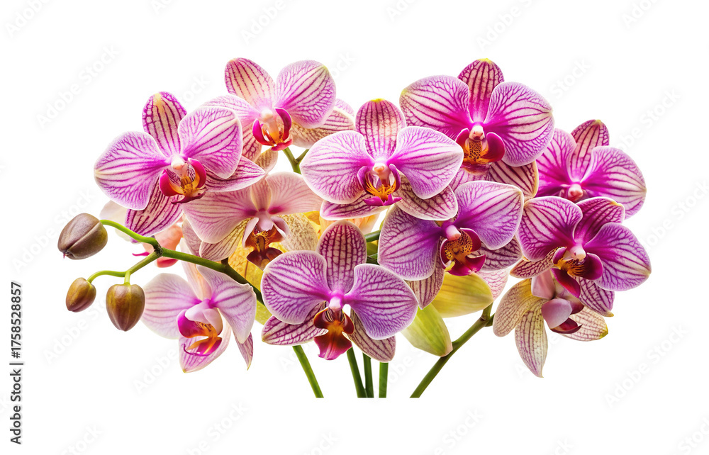 Fototapeta premium A Vibrant Display of Striped Phalaenopsis Orchids in Full Bloom, with Buds