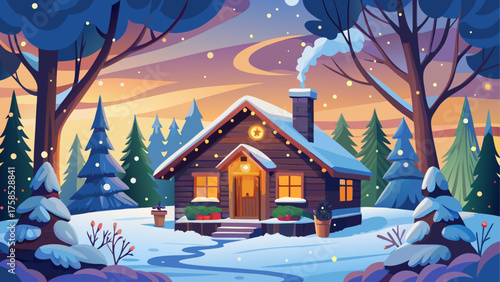 Winter cabin scene with snowy landscape