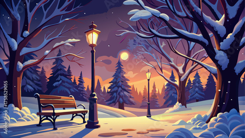 Winter park scene with bench and lampposts