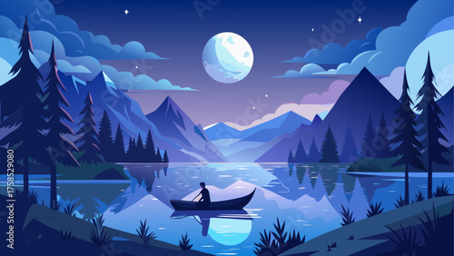 A person rowing on a lake at night time