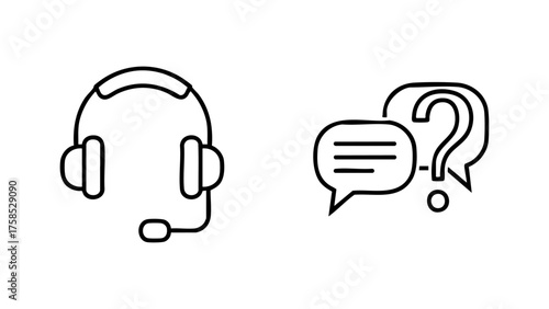 Essential Line Art Vector Icons for Customer Support, Communication, and Assistance Services, Featuring a Headset and Question Mark Speech Bubbles