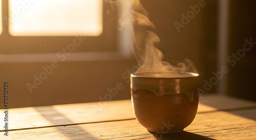 Warm beverage in rustic cup steaming on a wooden surface indoors