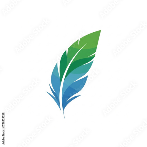 Minimal geometric feather flow eco logo vector, flat no stroke tropical green and blue tones on white background, modern lightweight nature design representing calmness, balance, and freedom.