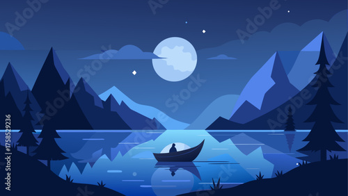 Night landscape with boat and full moon