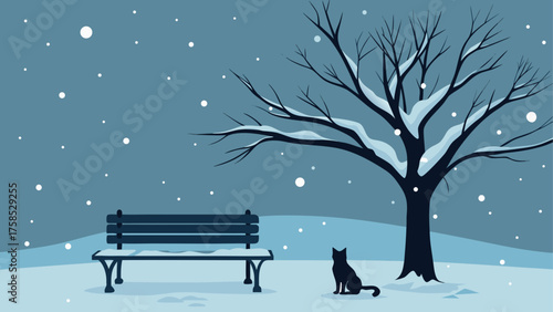 Winter scene with bench cat and snow fall