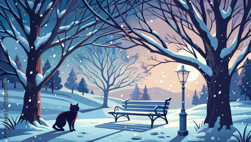 Winter park scene with a black cat near tree