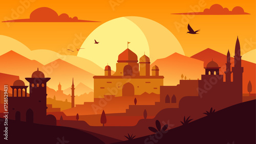 Sunset over a distant middle eastern town