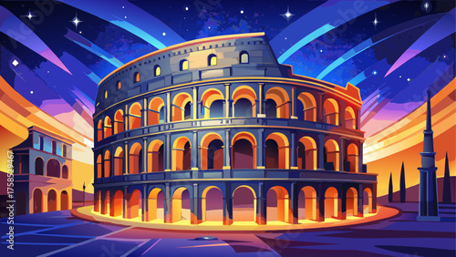 Illustration of the colosseum at night