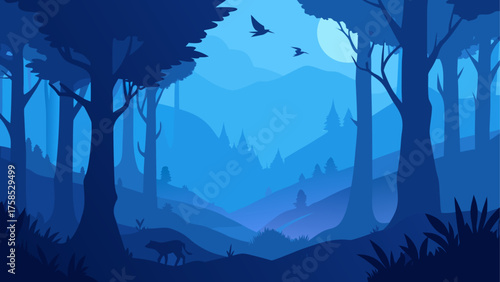Blue forest landscape with birds and wolf