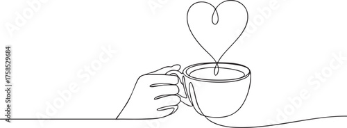 Continuous one line drawing of a hand holding a hot cup of cocoa with heart-shaped steam symbolizing warmth, love, and comfort in minimalist style