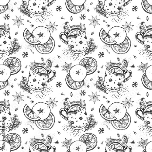 Seamless Christmas hand-drawn vector pattern with a mug of mulled wine, cinnamon, anise, dried apple and orange, cloves, cardamom and fir branches.
