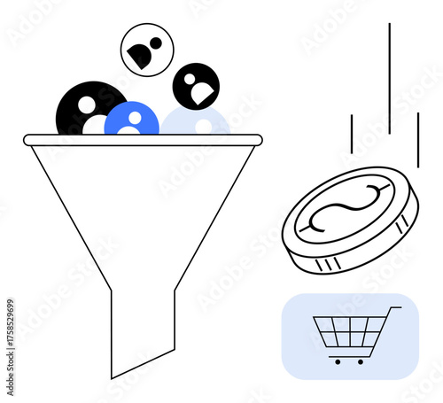 Customer icons enter funnel leading to coin, symbolizing revenue conversion, next to shopping cart. Ideal for marketing, lead generation, business strategy, e-commerce, sales conversion, analytics