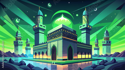 Green islamic architecture with night sky