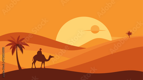 Camel rider in desert at sunset scenery