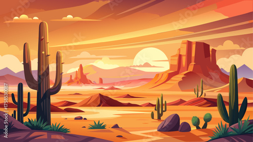 Illustration of a desert landscape at dusk