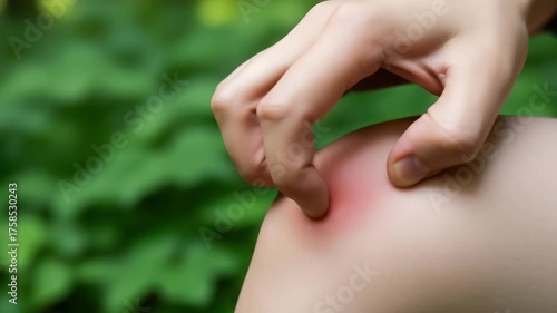 Closeup of a person scratching an itchy red bump on their skin outdoors