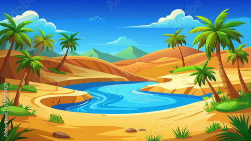 Desert oasis landscape with palm trees