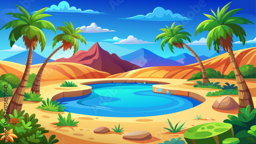 Cartoon oasis with palm trees and mountains