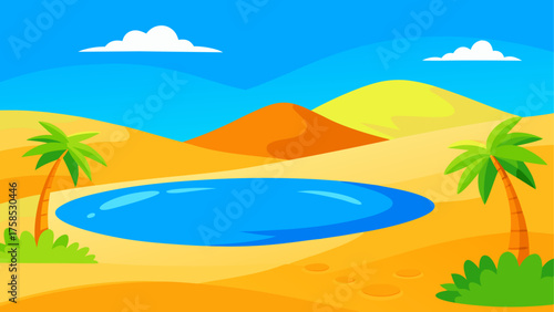 Cartoon desert oasis with palms and clouds