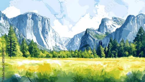 Yosemite National Park. Yosemite National Park hand drawn watercolor illustration
