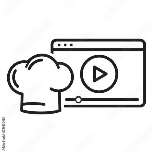 Vector art of online cooking tutorial chef hat and video player for culinary lessons