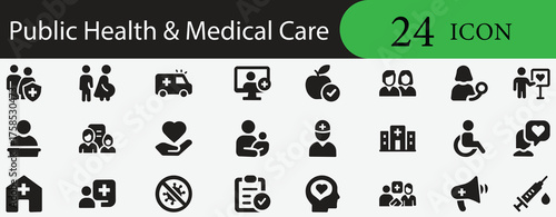 Medical, healthcare, hospital, doctor, clinic, nurse, patient, treatment icon set for wellness, prevention, support, care, protection, analysis
