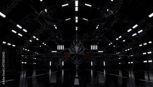 Fotografie Futuristic Starfighter Jet in a Dark Hangar Bay.