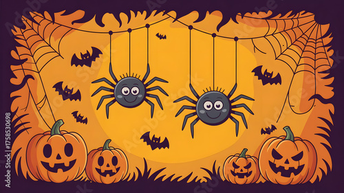 Halloween pumpkin vector background with moon bats and spooky night atmosphere