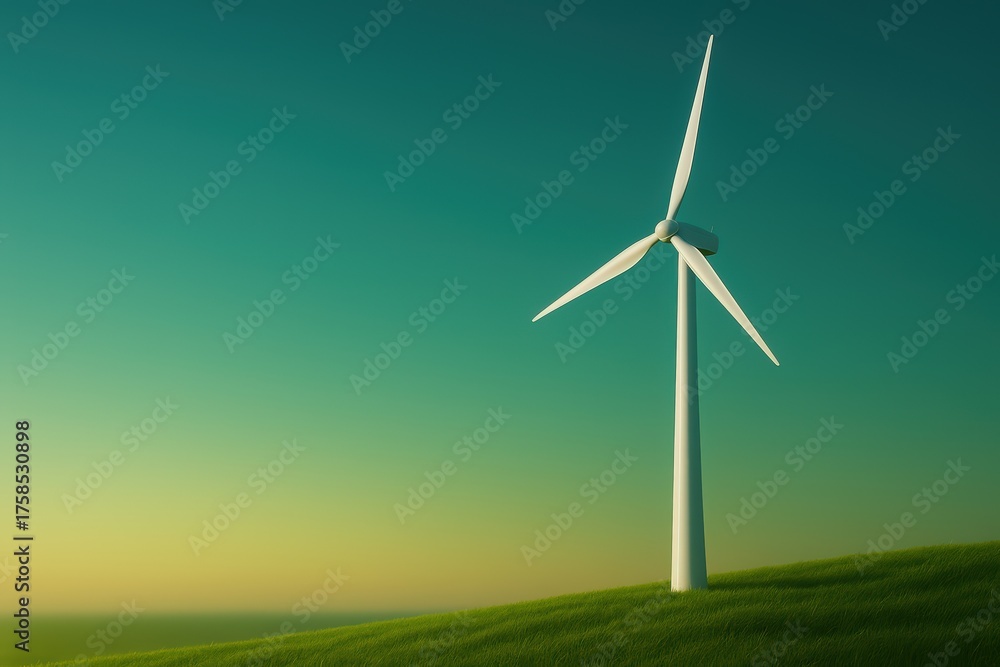 Fototapeta premium wind turbine on grassy hill at sunset with copy space