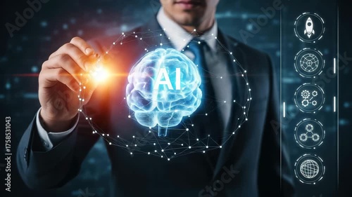 Businessman interacting with a glowing ai brain and digital network, symbolizing artificial intelligence and innovation