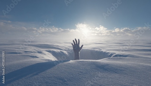 A pale hand reaching upward from a snow-filled hole