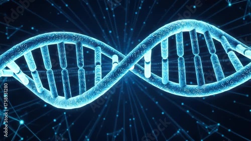 Abstract digital representation of a dna double helix with binary code and network connections