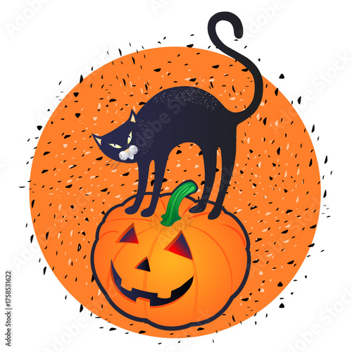 Halloween image with black cat, pumpkins and orange circle. Vector illustration, digital art