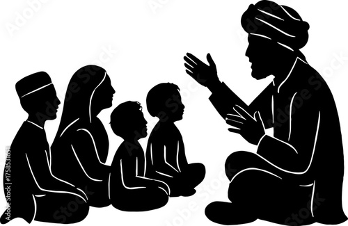 Old storyteller sitting with group of kids - evening culture theme vector with white background 