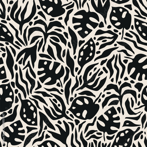Groovy allover print with tropical leaves, branches and flowers. Bold maximalist tropical vector background. Modern botanical abstract seamless pattern.
