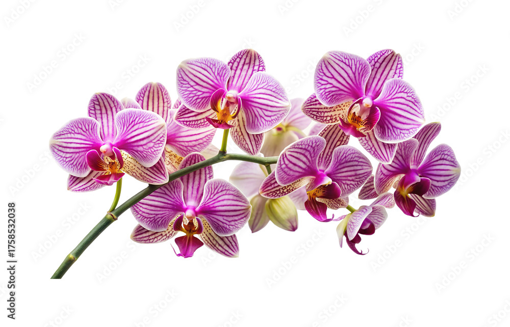 Fototapeta premium Elegant branch of striped pink and white orchids against a white background