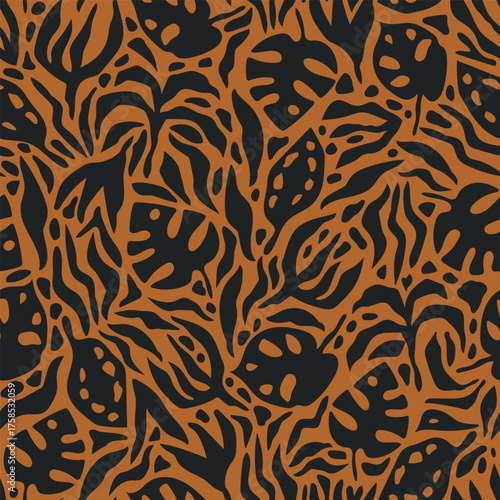 Groovy allover print with tropical leaves, branches and flowers. Bold maximalist tropical vector background. Modern botanical abstract seamless pattern.
