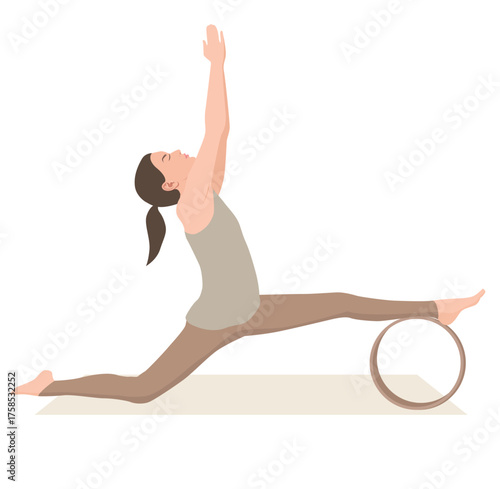 Vector illustration of young woman in beige sportswear practicing Hanumanasana with yoga wheel. Young female doing monkey pose. Exercise for good posture, body strength, flexibility and balance.