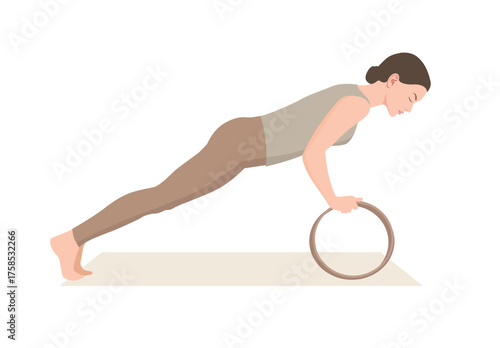 Vector illustration of young woman in beige sportswear practicing assisted plank with yoga wheel. Exercise for good posture, flexibility and balance.