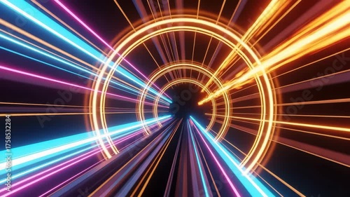 Abstract neon light tunnel with glowing rings and streaks of blue, pink, and orange light