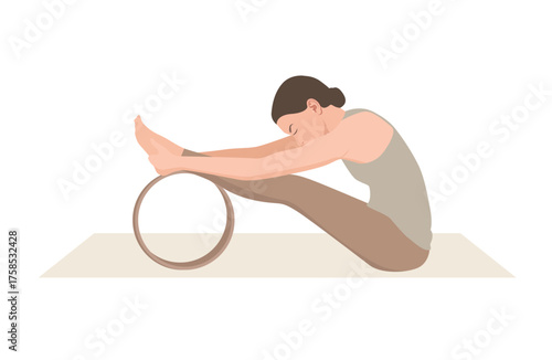 Vector illustration of young woman in beige sportswear doing calves and hamstrings stretch with yoga wheel. Woman workout, fitness.