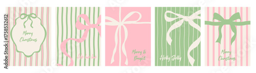 Set of Christmas greeting cards with frame, bows and stripes for season celebration. Vintage coquette design for modern poster, cover or banner.
