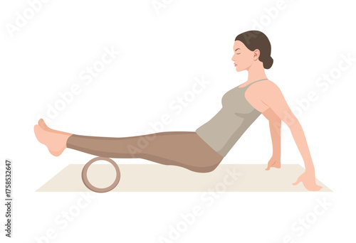 Vector illustration of young woman in beige sportswear doing self-massage with foam roll. Exercise for reducing muscle soreness.