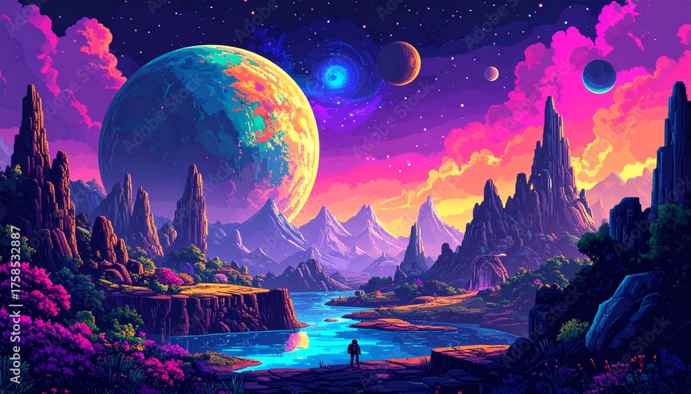 Fototapeta premium Pixel art game location. Cosmic area,someone planet surface. Seamless vector backgrou